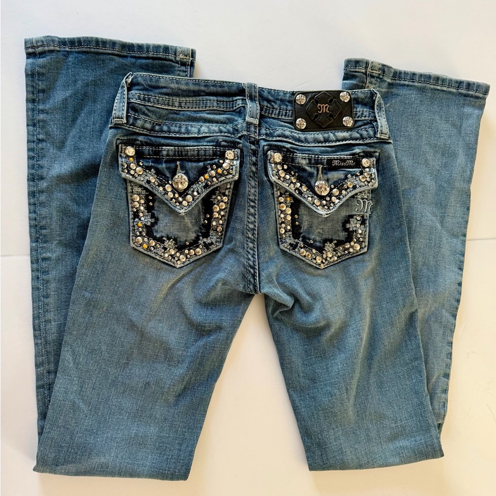 Miss Me Girls’ Blue Boot Cut Jeans with Silver Embellishments- Size 12